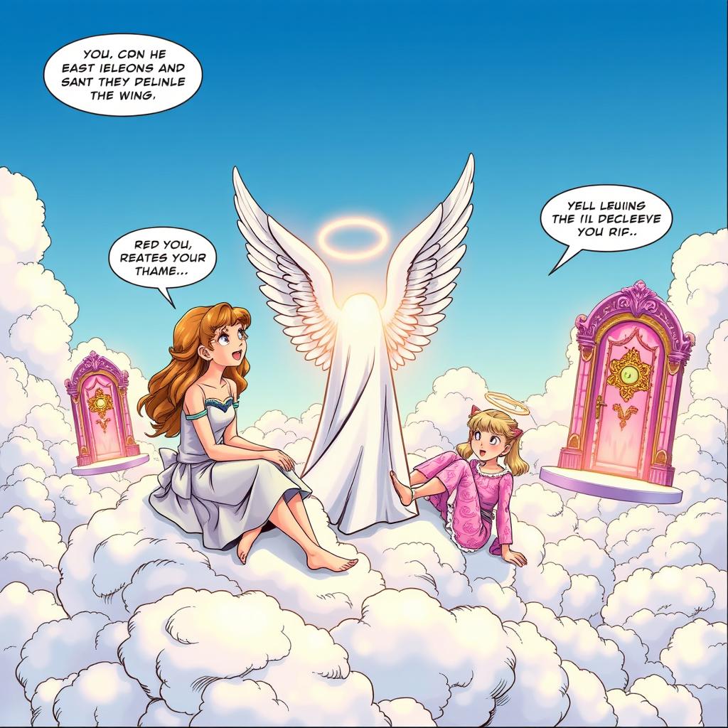 A vibrant and dynamic comic book scene featuring two girls and an angel having a cheerful conversation above the clouds