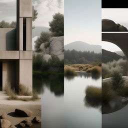 A high-definition and editorial quality minimalist mood board, embodying the convergence of nature and industrial brutalism. Show elements of raw concrete, steel structures alongside organic elements like plants, rocky landscapes and water bodies.