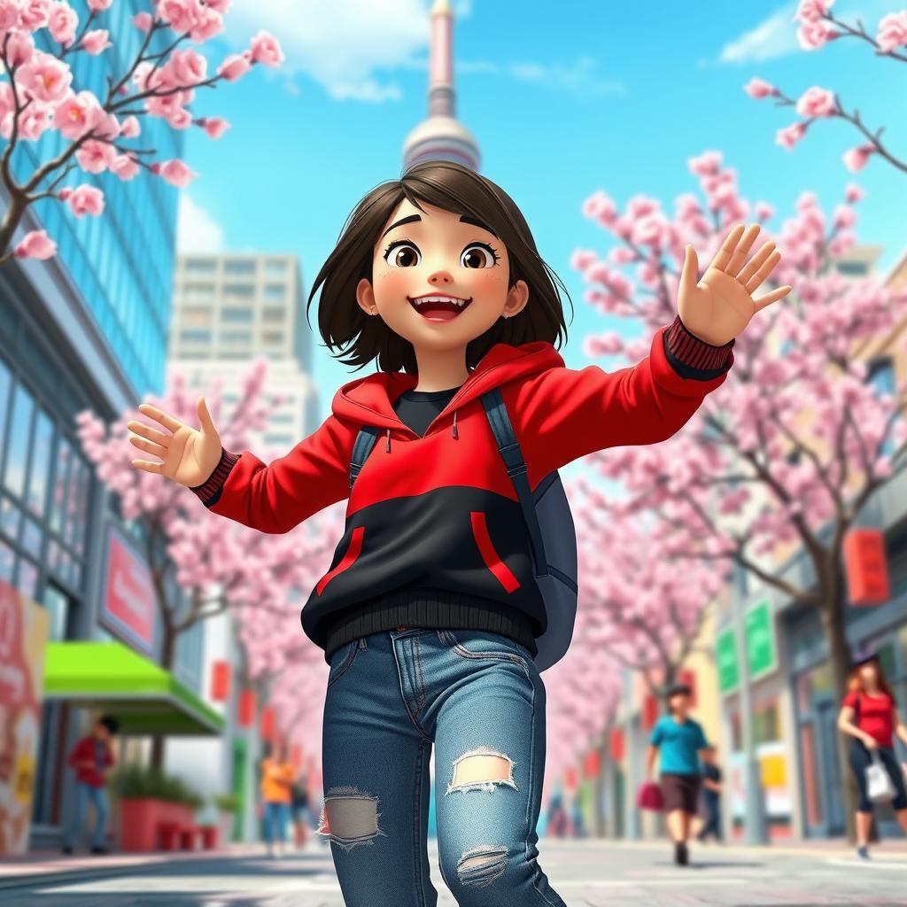 A dynamic and colorful scene featuring Meilin Lee, the teenage girl from the animated movie 'Turning Red'