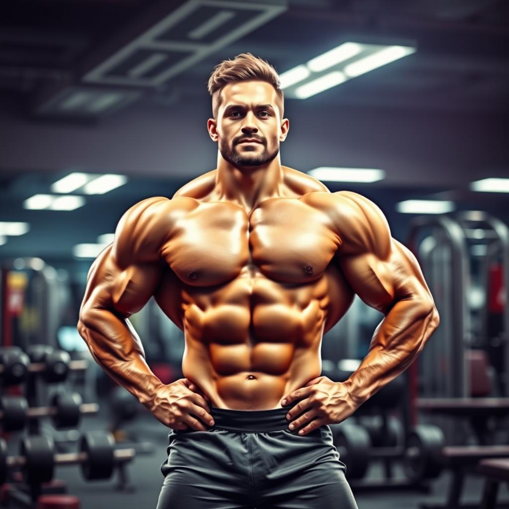 A muscular bodybuilder posing confidently in a well-lit gym