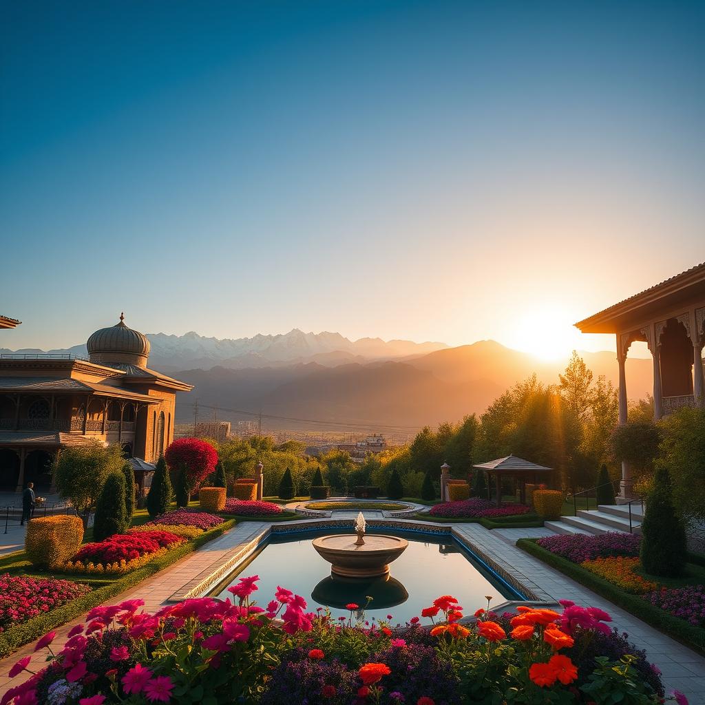 A stunning view of Iran's iconic landscape, featuring the majestic Alborz mountain range with snow-capped peaks in the background