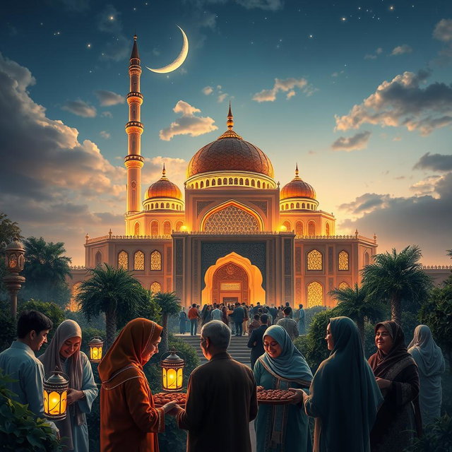 A majestic and serene scene celebrating Ramadan, featuring a beautifully illuminated mosque with intricate architectural details