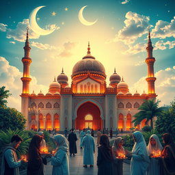A majestic and serene scene celebrating Ramadan, featuring a beautifully illuminated mosque with intricate architectural details