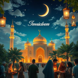 A majestic and serene scene celebrating Ramadan, featuring a beautifully illuminated mosque with intricate architectural details