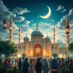 A majestic and serene scene celebrating Ramadan, featuring a beautifully illuminated mosque with intricate architectural details