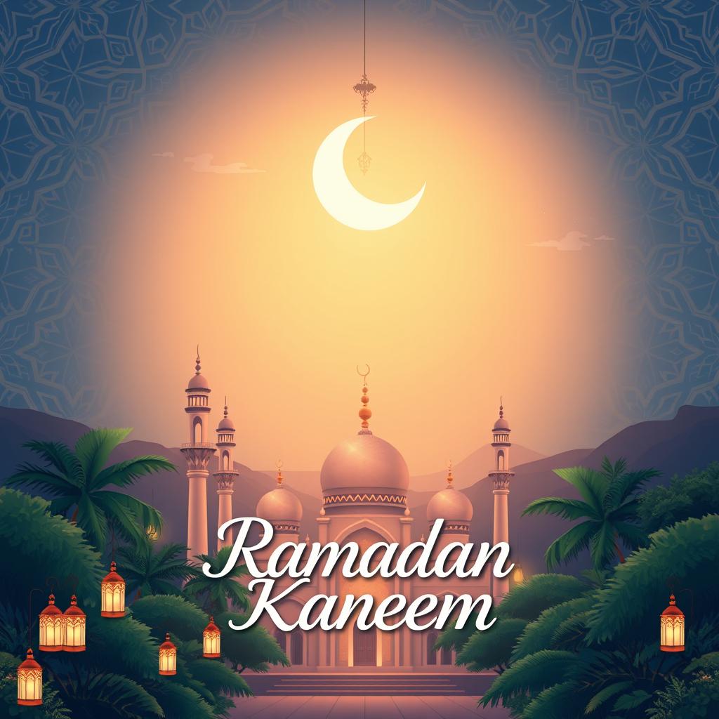 A beautiful and serene illustration to celebrate Ramadan, featuring a moonlit night sky with intricate Islamic geometric patterns in the background