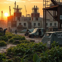 A post-apocalyptic survival city, featuring overgrown plants breaking through the cracked concrete and rusting metal structures