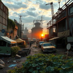 A post-apocalyptic survival city, featuring overgrown plants breaking through the cracked concrete and rusting metal structures