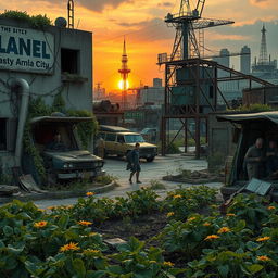 A post-apocalyptic survival city, featuring overgrown plants breaking through the cracked concrete and rusting metal structures