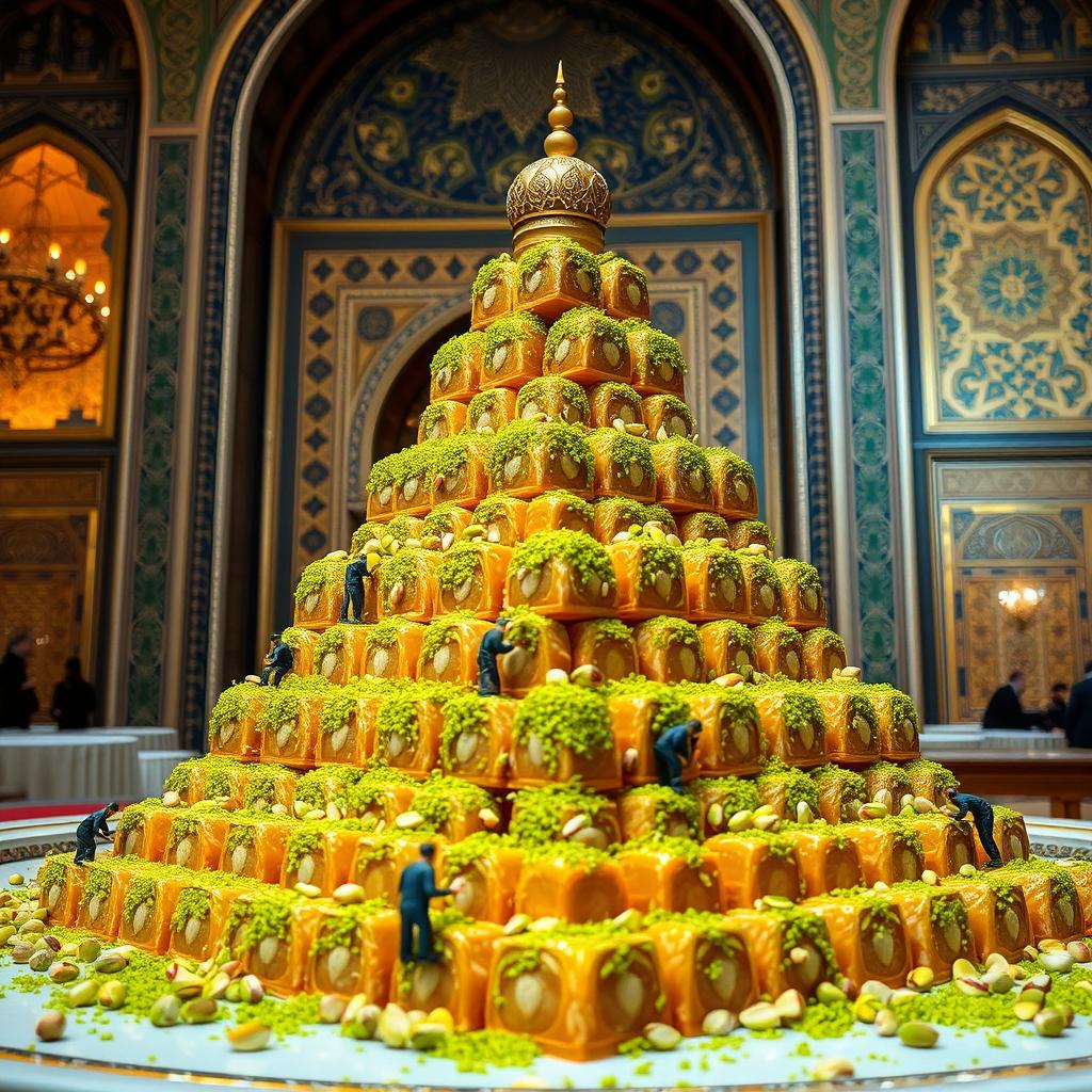 A pyramid of exquisite oriental sweets, beautifully arranged and decorated with vibrant green ground pistachios and glistening honey sauce