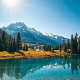 A serene landscape showcasing a majestic mountain range with snow-capped peaks against a clear blue sky
