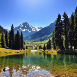 A serene landscape showcasing a majestic mountain range with snow-capped peaks against a clear blue sky