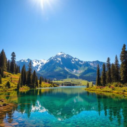 A serene landscape showcasing a majestic mountain range with snow-capped peaks against a clear blue sky