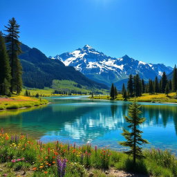A serene landscape showcasing a majestic mountain range with snow-capped peaks against a clear blue sky