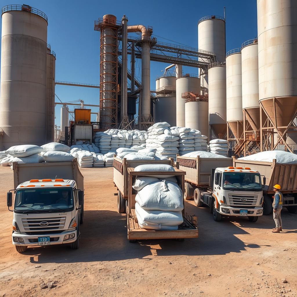 A vast gypsum factory in Iran, showcasing a sprawling industrial complex with large storage silos and machinery