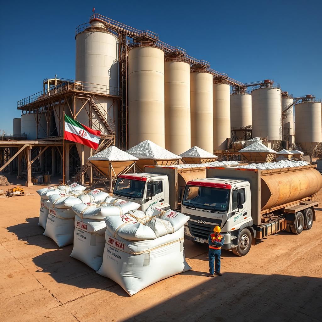 A vast gypsum factory in Iran, featuring a sprawling industrial complex with large storage silos and machinery
