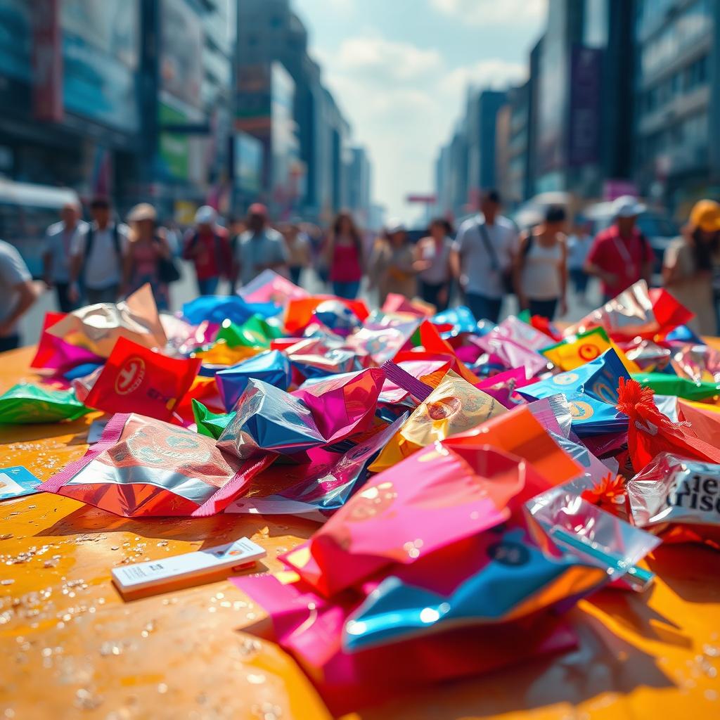 A vibrant and chaotic scene showcasing a variety of colorful mylar bags, each with unique designs and patterns, scattered across a bright and textured tabletop