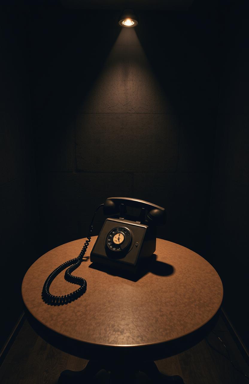 An old-fashioned telephone resting on a circular table in a concrete room