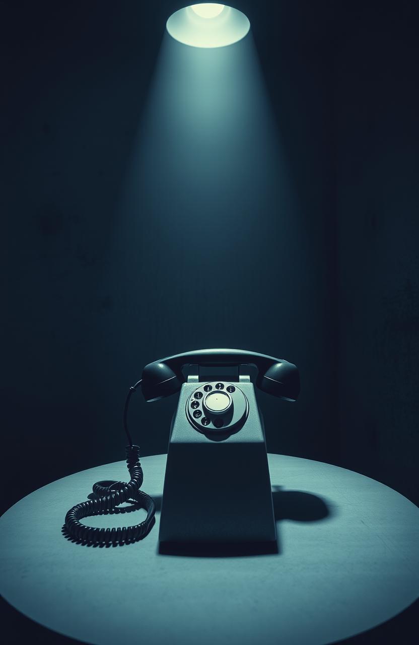 An old-fashioned telephone sitting elegantly on a round table in a minimalist concrete room