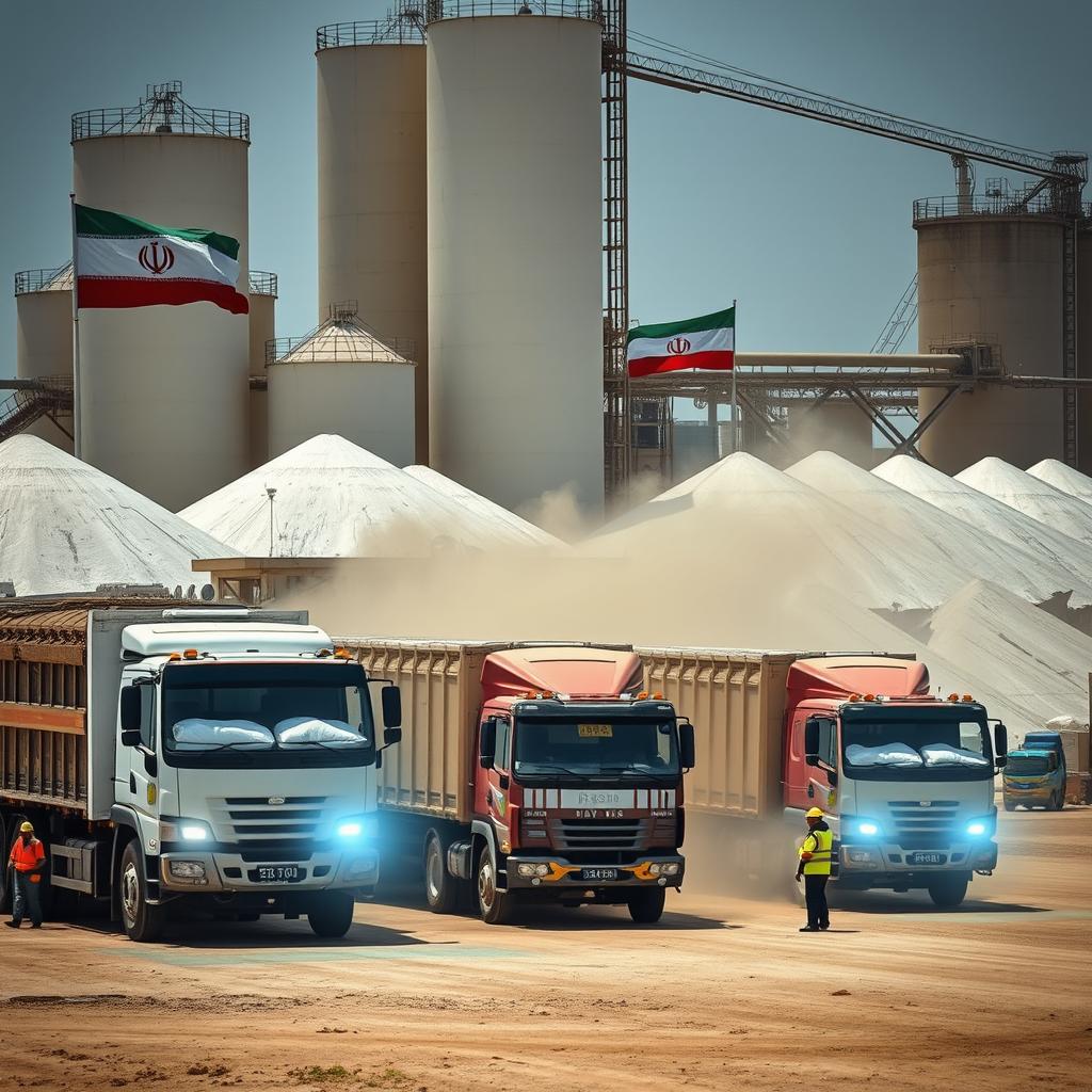 A vast gypsum factory in Iran, featuring a sprawling industrial complex with large storage silos and machinery