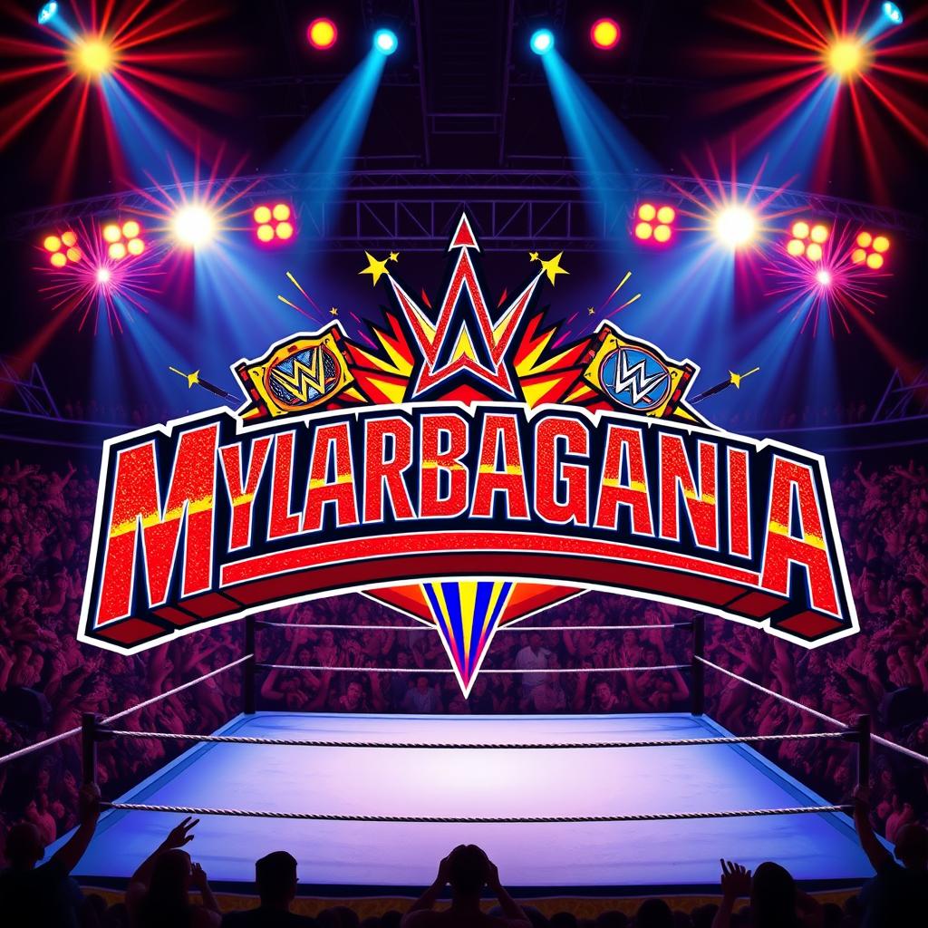 A vibrant and energetic design that features the words "Mylarbagmania" in a bold, dynamic font reminiscent of wrestling logos