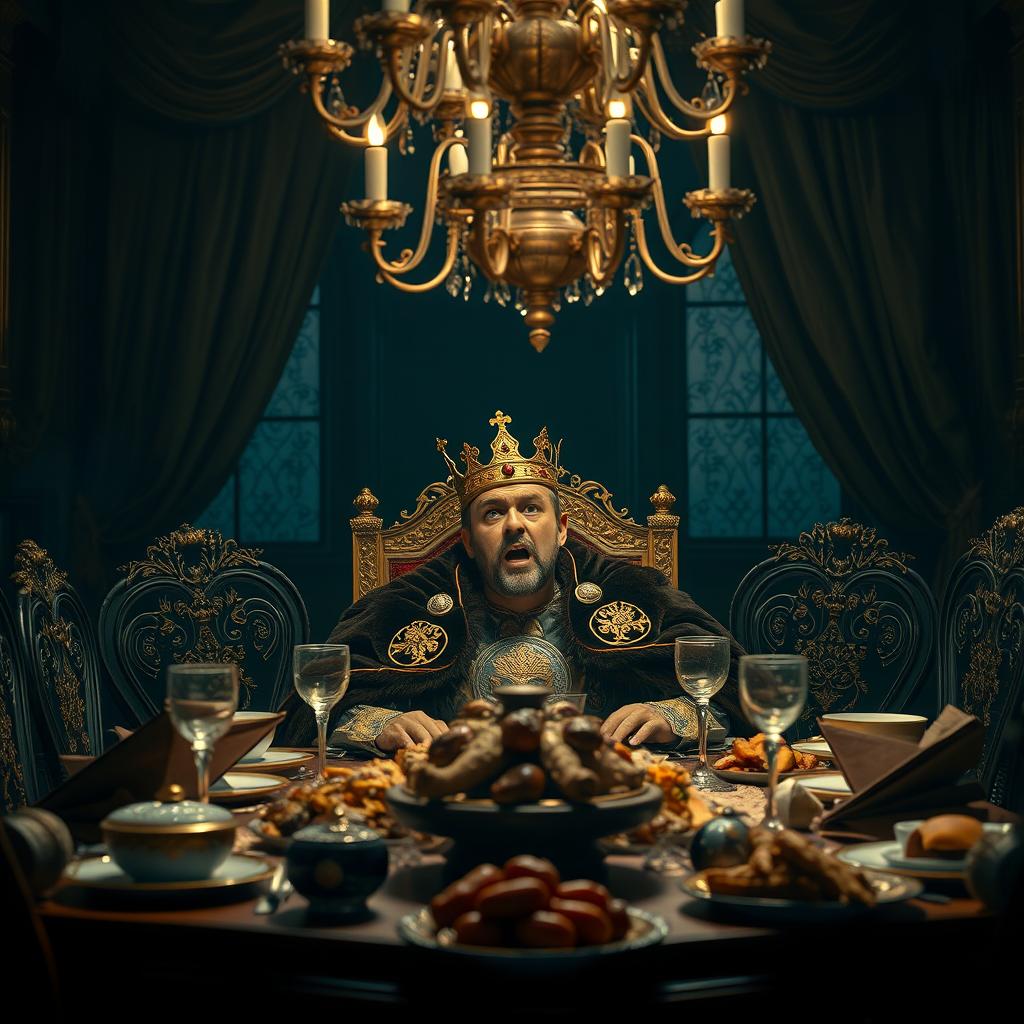 A frightened king seated at an ornate dinner table, surrounded by lavish decorations and exquisite dishes