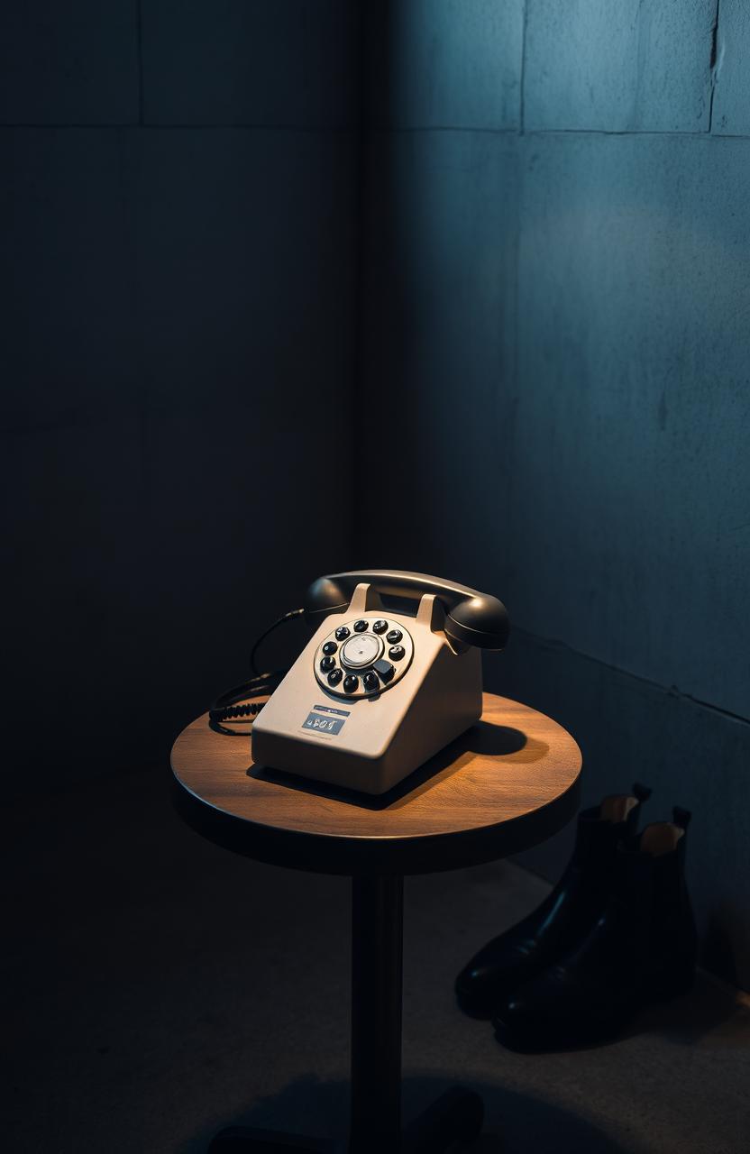 An aged small telephone resting on a round table in a concrete room