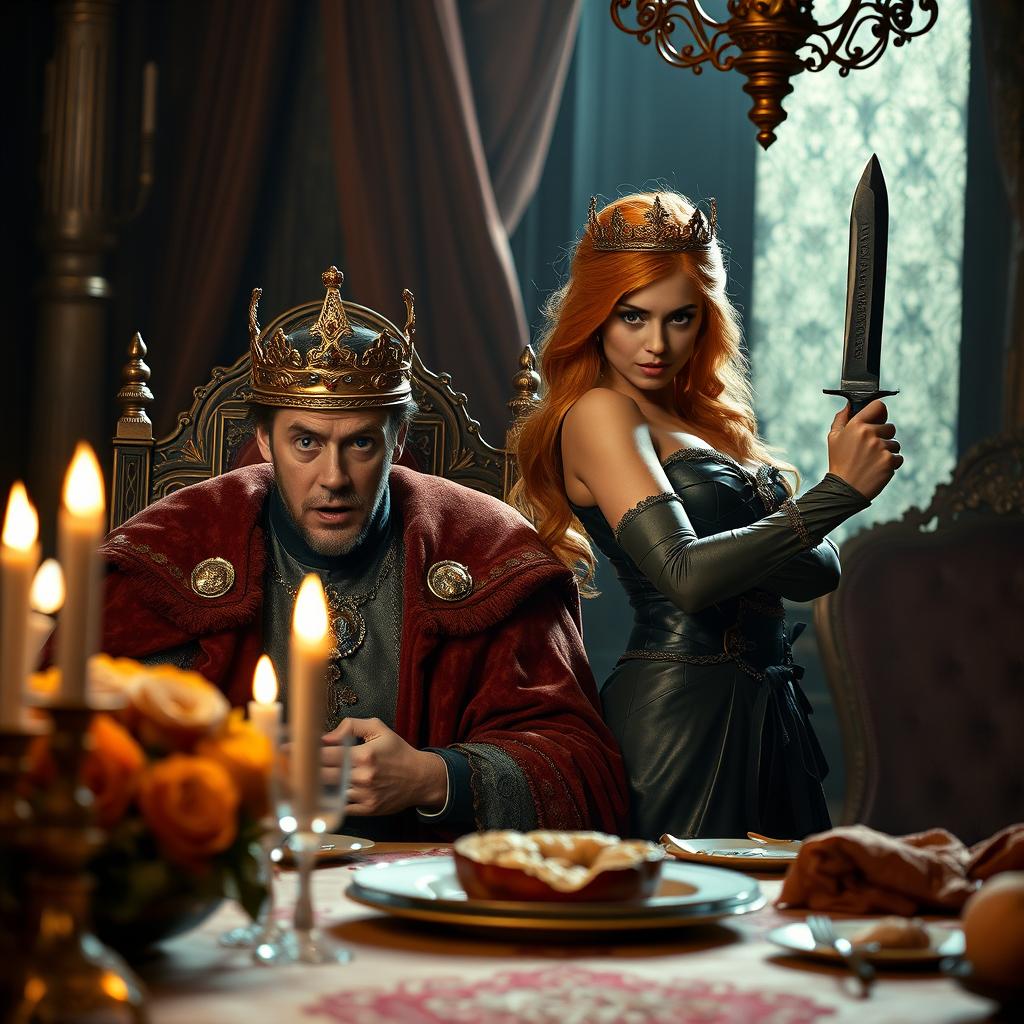 A scared king sitting behind an ornate dinner table, looking fearful
