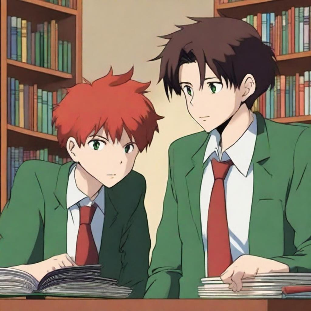 An anime-style digital art piece portrays two handsome teenagers in a library, falling in love