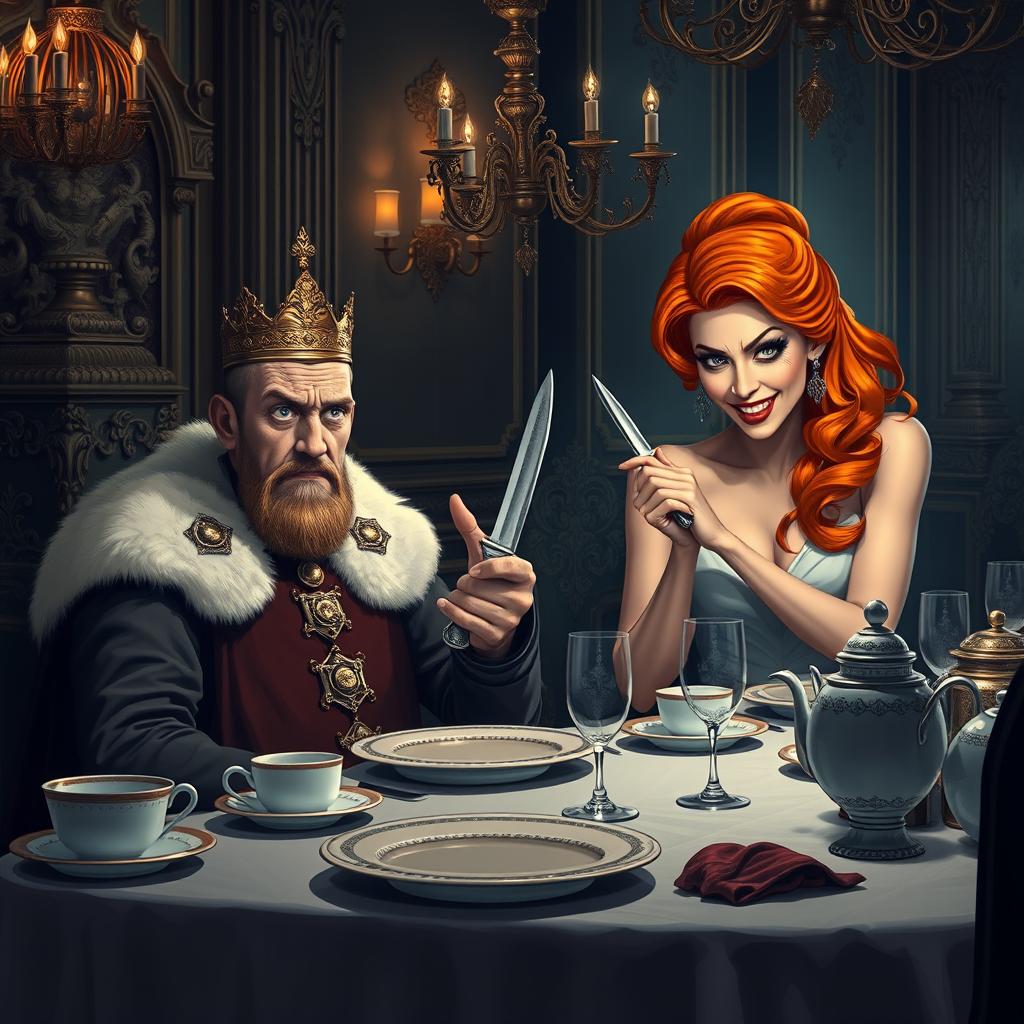 A scared king sitting at a lavish dinner table, with a look of fear on his face, surrounded by opulent decorations and fine china