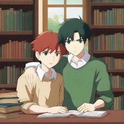 An anime-style digital art piece portrays two handsome teenagers in a library, falling in love