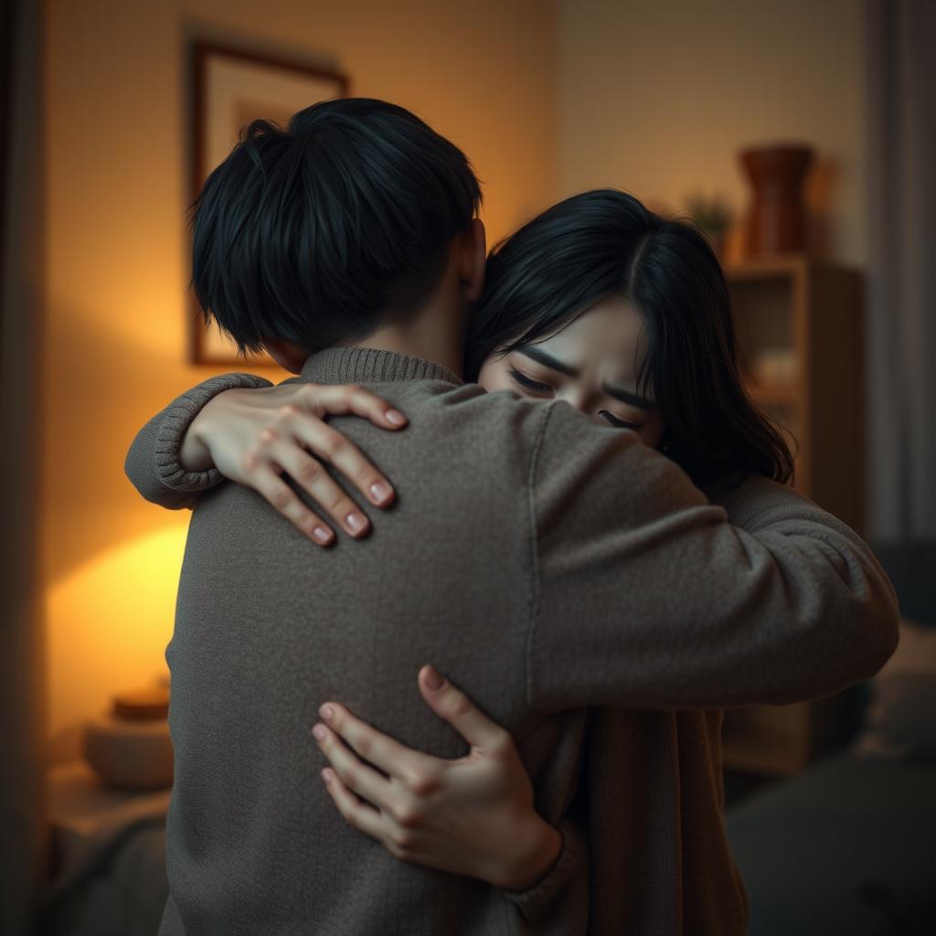 A poignant scene of a sad figure enveloped in a gentle hug, embodying emotions of comfort and empathy