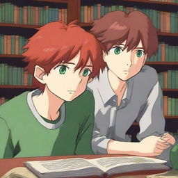 An anime-style digital art piece portrays two handsome teenagers in a library, falling in love