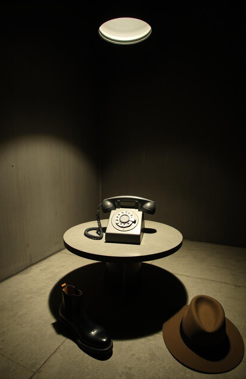 An old small telephone positioned on a circular table within a concrete room