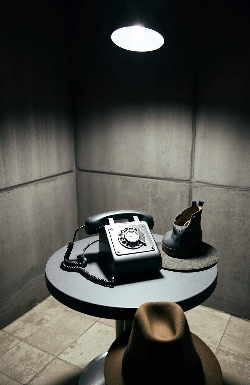 An old small telephone rests on a circular table in a dimly lit concrete room