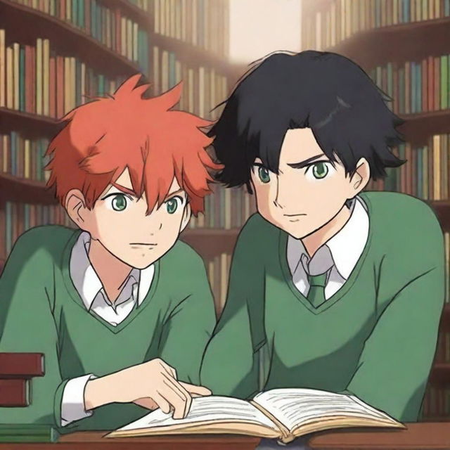 An anime-style digital art piece portrays two handsome teenagers in a library, falling in love