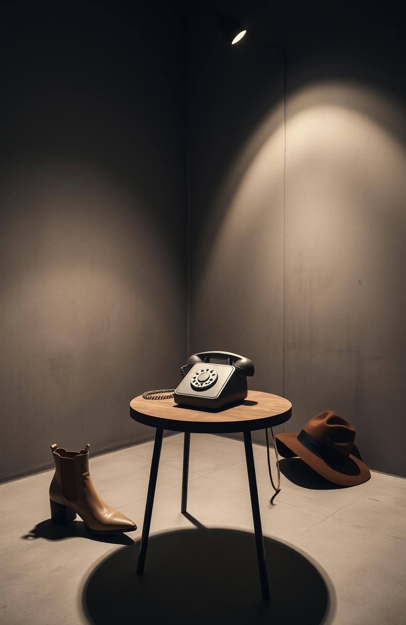An old small telephone resting on a round table in a minimalist concrete room