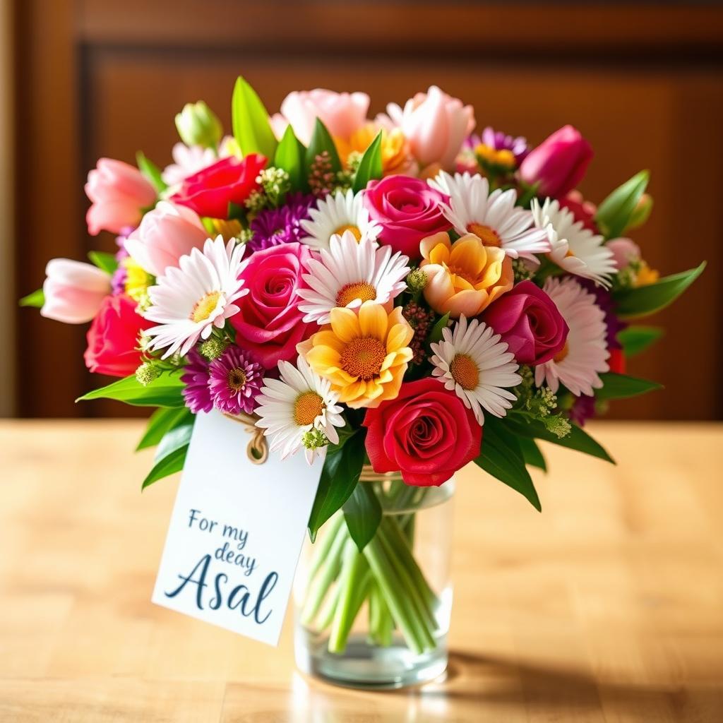 A beautiful arrangement of a vibrant bouquet filled with a variety of natural flowers, including roses, tulips, and daisies, placed elegantly in a glass vase