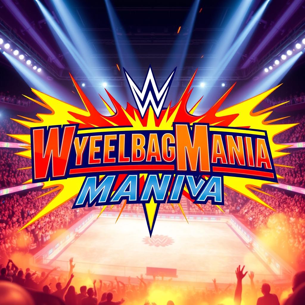 A bold and dynamic reimagining of the WrestleMania logo, featuring the words "MylarbagMania" in the same iconic font and style, with a vibrant color scheme of red, yellow, and blue