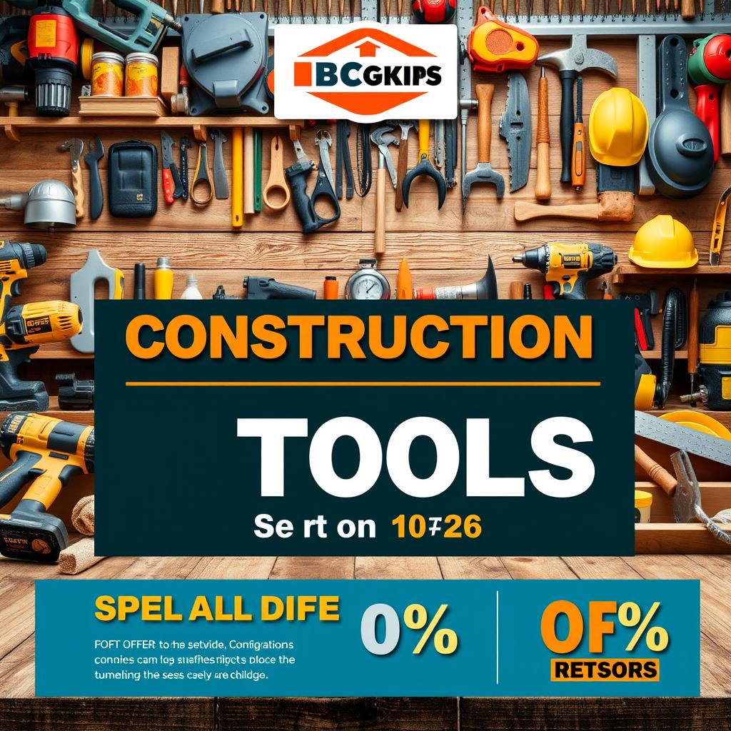 A vibrant and eye-catching advertisement for a construction tools store, featuring a variety of high-quality tools like drills, hammers, saws, and safety gear
