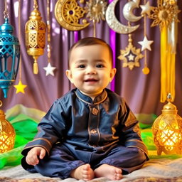 A cute baby sitting in a cozy setting, surrounded by beautiful Ramadan decorations like colorful lanterns, crescent moons, and star motifs