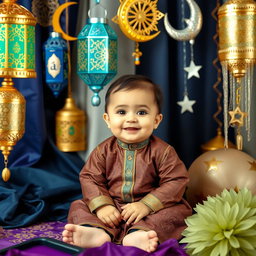 A cute baby sitting in a cozy setting, surrounded by beautiful Ramadan decorations like colorful lanterns, crescent moons, and star motifs