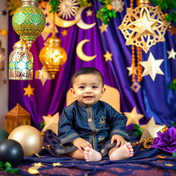 A cute baby sitting in a cozy setting, surrounded by beautiful Ramadan decorations like colorful lanterns, crescent moons, and star motifs