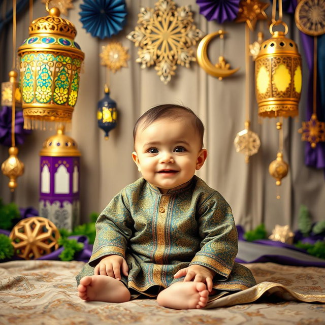 A cute baby sitting in a cozy setting, surrounded by beautiful Ramadan decorations like colorful lanterns, crescent moons, and star motifs