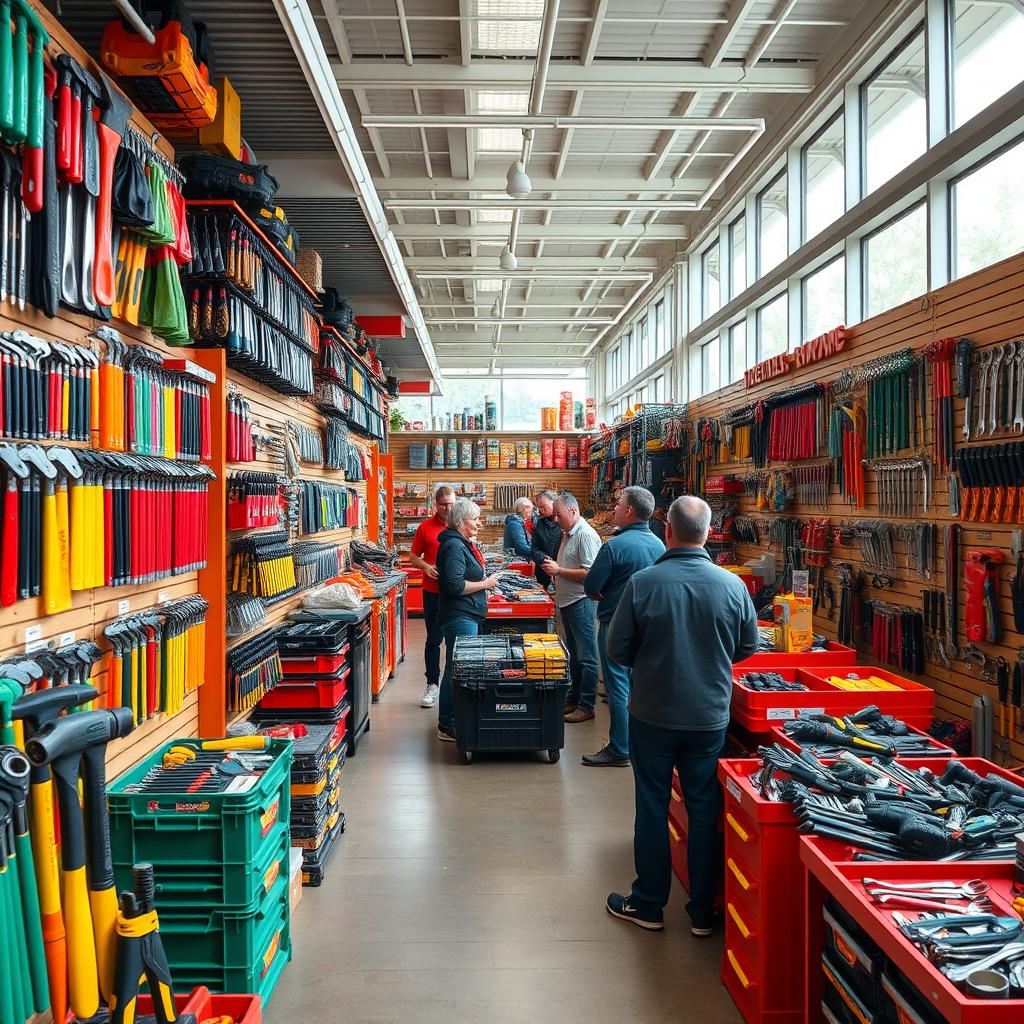A vibrant and inviting tools store interior filled with various hand tools and power tools