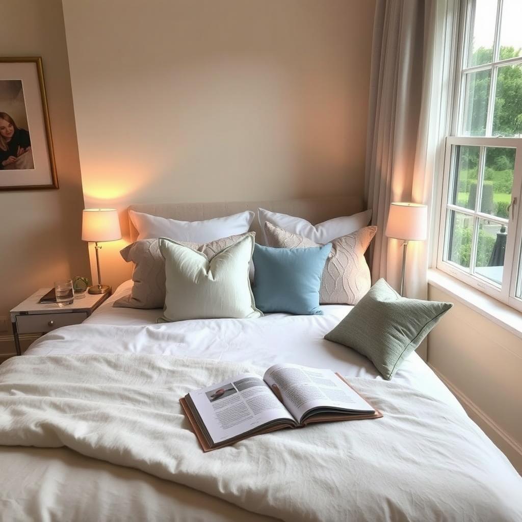 A serene bedroom scene showcasing a beautifully made bed with a plush comforter and an assortment of decorative pillows