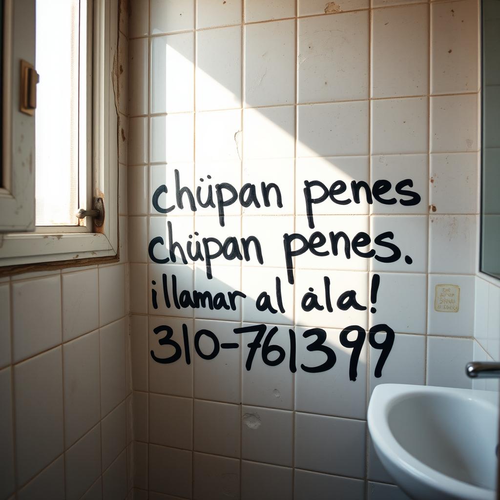 A bathroom wall covered with graffiti in a casual and humorous style, featuring the words written with a black Sharpie saying 'se chupan penes llamar al 310 7613398'