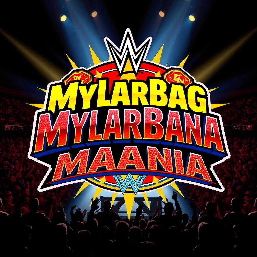 A creative and vibrant logo design for 'MylarbagMania', featuring bold and dynamic typography that embodies the energy of a wrestling event