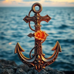 A beautiful, decorative anchor intertwined with a detailed, ornate cross