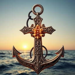 A beautiful, decorative anchor intertwined with a detailed, ornate cross